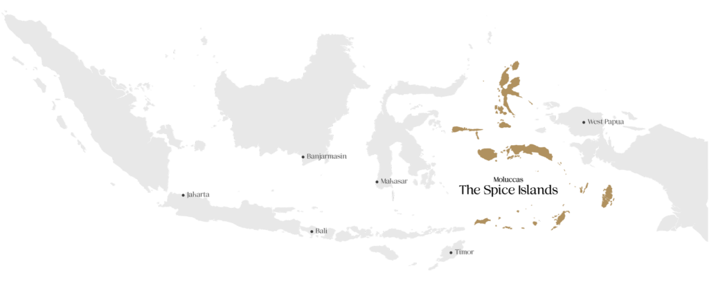 A map of Indonesia with the Spice Islands highlights to show their location within Indonesia.