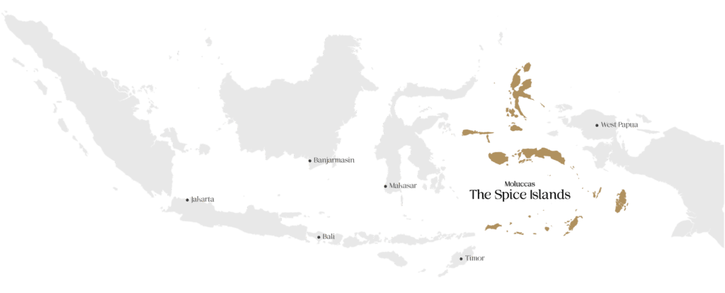 A map of Indonesia with the Spice Islands highlights to show their location within Indonesia.